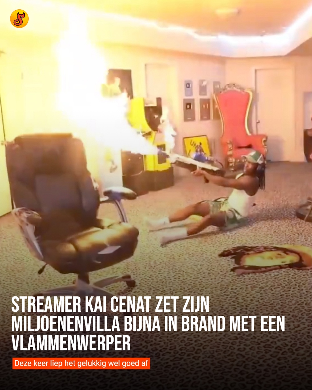 Streamer Kai Cenat zet zijn miljoenenvilla bijna in brand met een vlammenwerper