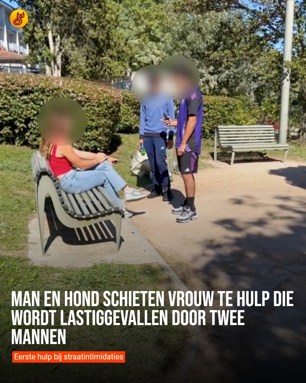 Man en hond schieten vrouw te hulp die wordt lastiggevallen door twee mannen