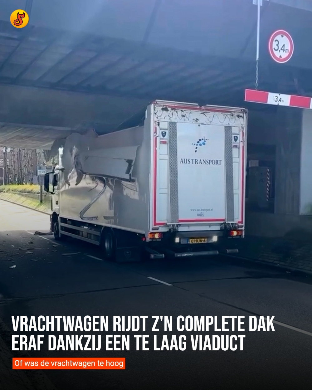 Vrachtwagen rijdt z'n complete dak eraf dankzij een te laag viaduct