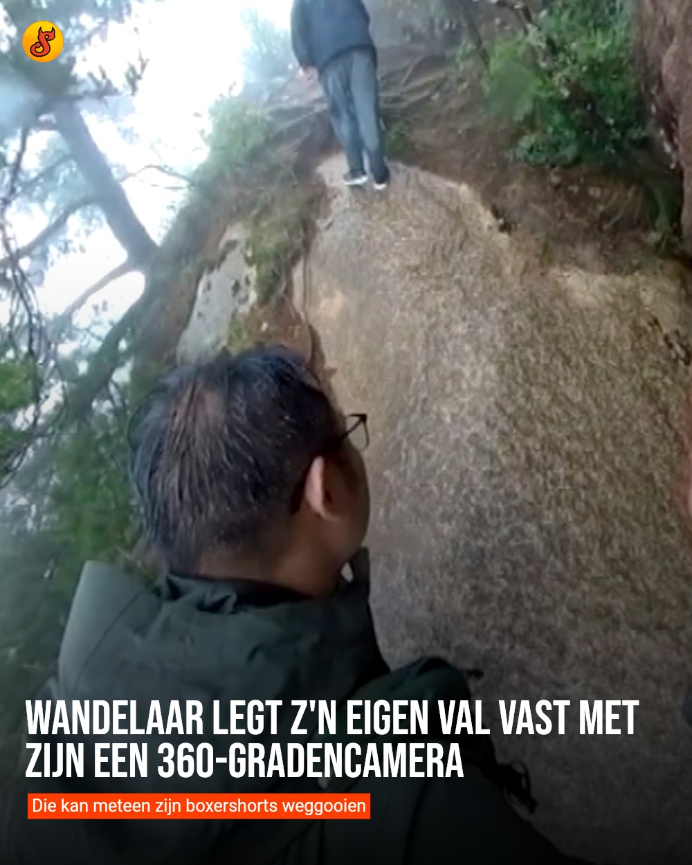 Wandelaar legt z'n eigen val vast met zijn een 360-gradencamera