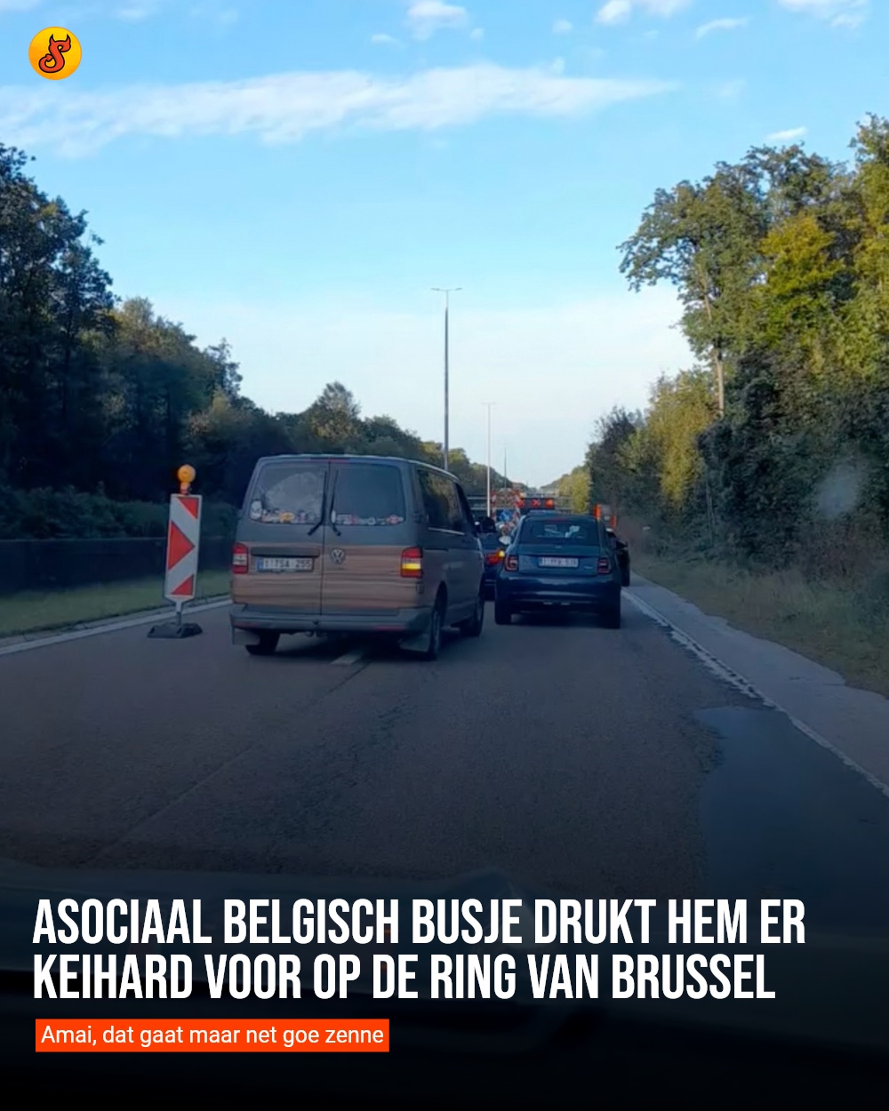 Asociaal Belgisch busje drukt hem er keihard voor op de ring van Brussel