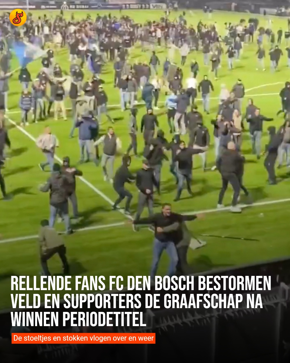 Rellende fans FC Den Bosch bestormen veld en supporters De Graafschap na winnen periodetitel