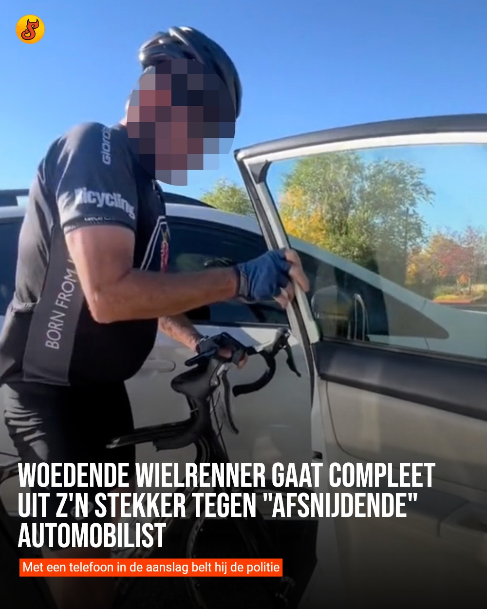 Woedende wielrenner gaat compleet uit z'n stekker tegen "afsnijdende" automobilist