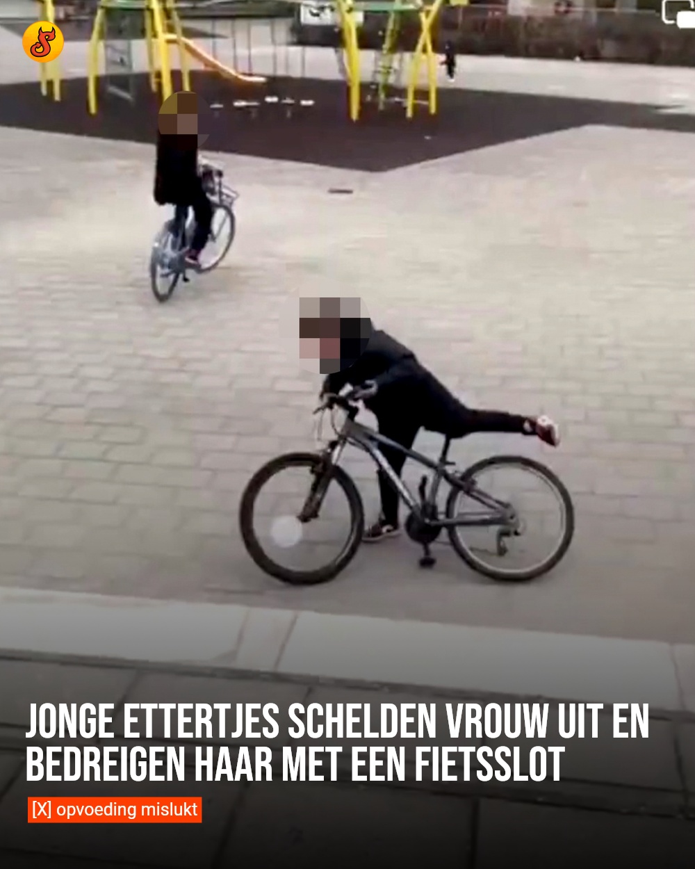 Jonge ettertjes schelden vrouw uit en bedreigen haar met een fietsslot