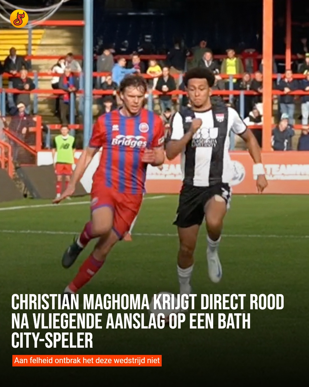 Christian Maghoma krijgt direct rood na vliegende aanslag op een Bath City-speler