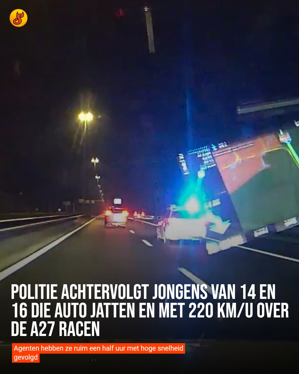 Politie achtervolgt jongens van 14 en 16 die auto jatten en met 220 km/u over de A27 racen