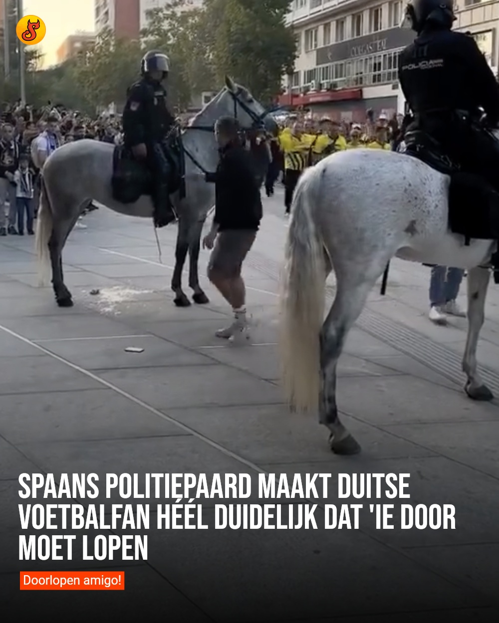 Spaans politiepaard maakt Duitse voetbalfan héél duidelijk dat 'ie door moet lopen