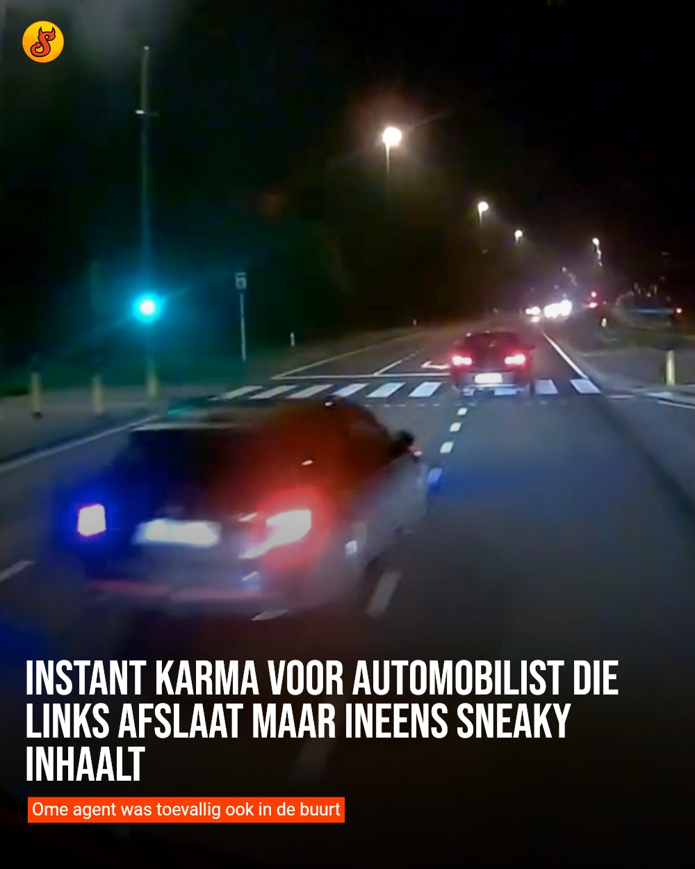 Instant karma voor automobilist die links afslaat maar ineens sneaky inhaalt