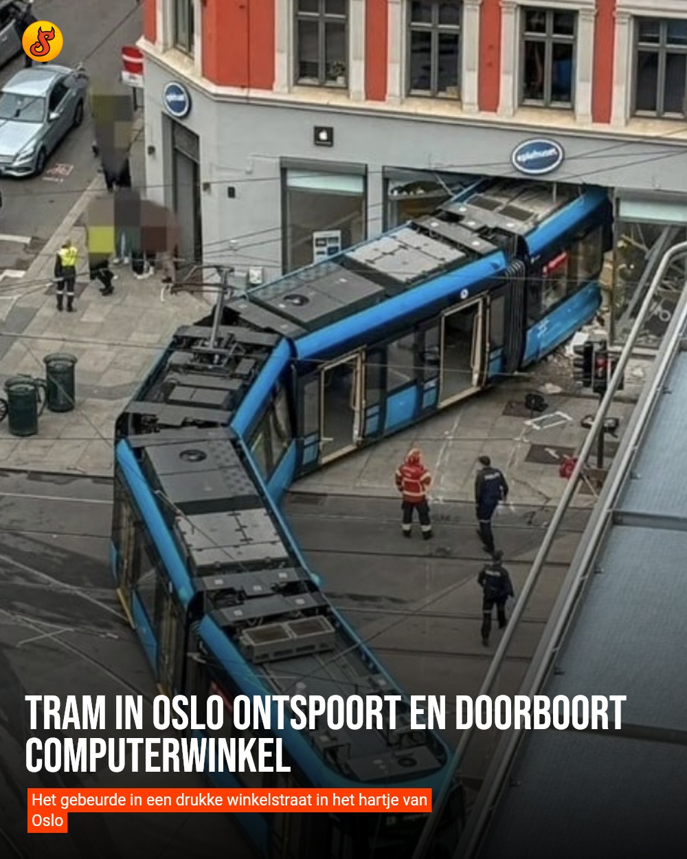 Tram in Oslo ontspoort en doorboort computerwinkel