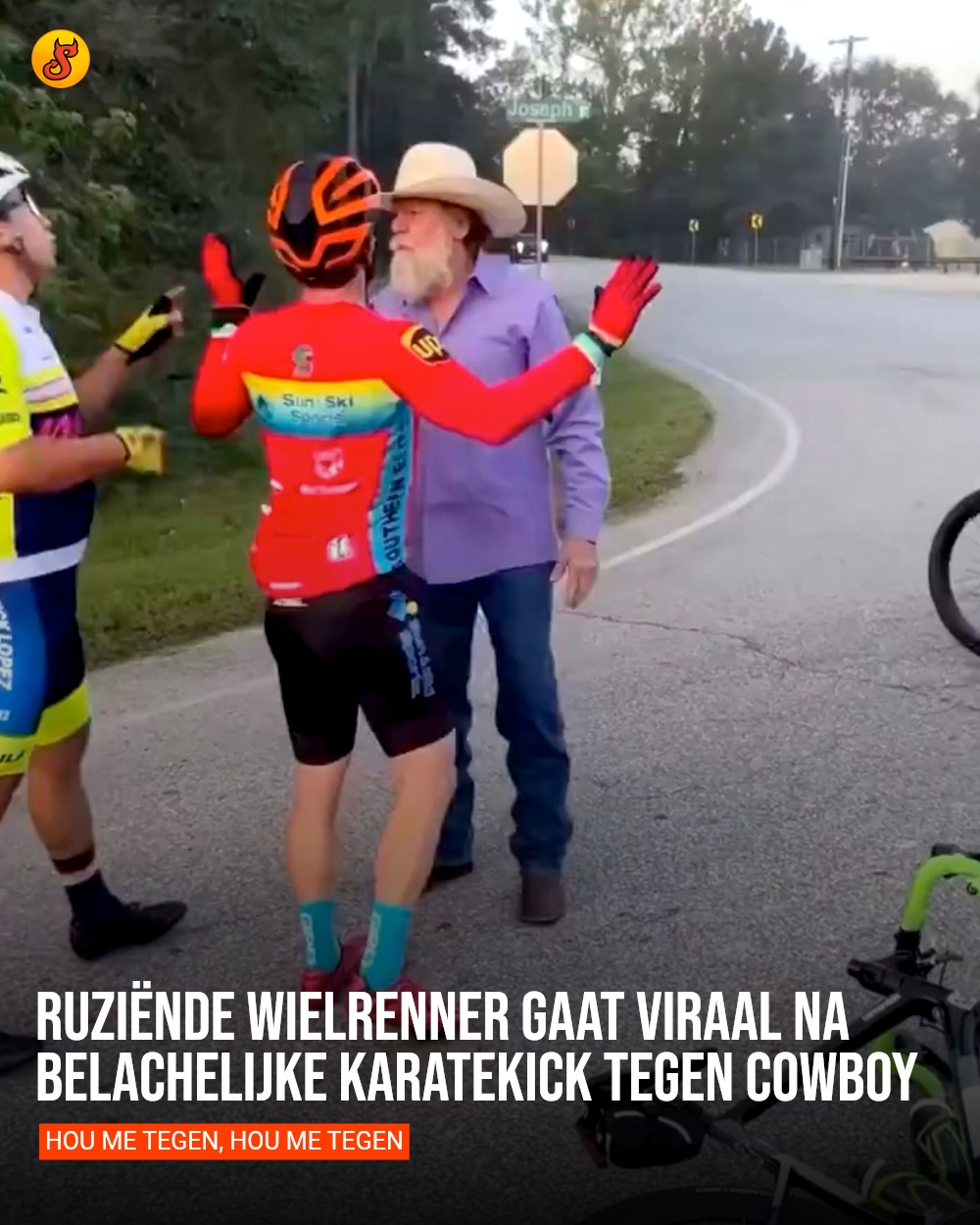 Ruziënde wielrenner gaat viraal na belachelijke karatekick tegen cowboy
