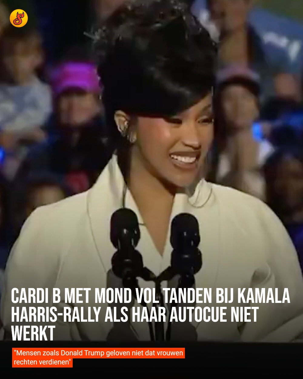 Cardi B met mond vol tanden bij Kamala Harris-rally als haar autocue niet werkt