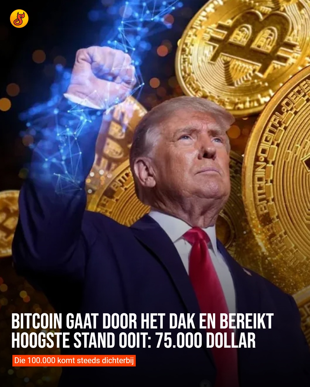 Bitcoin gaat door het dak en bereikt hoogste stand ooit: 75.000 dollar
