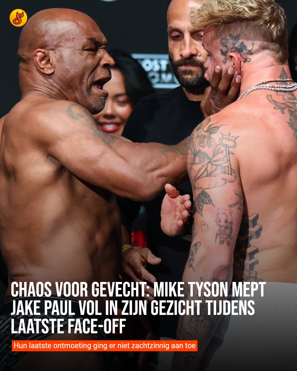 Chaos voor gevecht: Mike Tyson mept Jake Paul vol in zijn gezicht tijdens laatste face-off