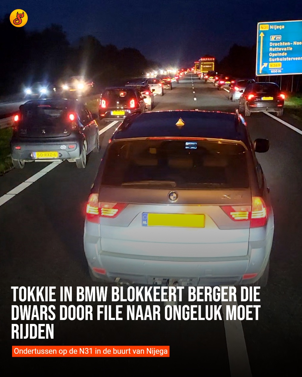 Tokkie in BMW blokkeert berger die dwars door file naar ongeluk moet rijden