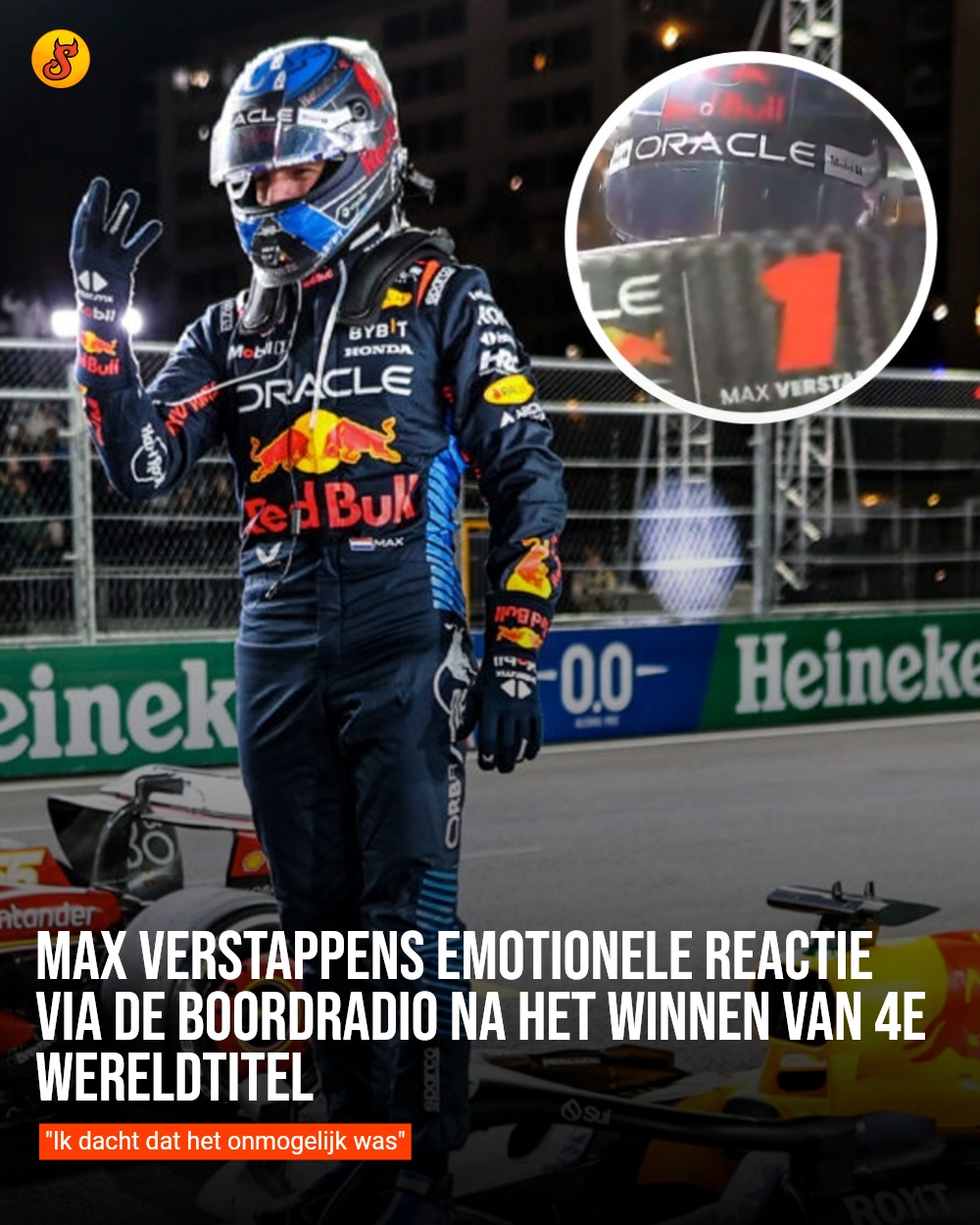 Max Verstappens emotionele reactie via de boordradio na het winnen van 4e wereldtitel