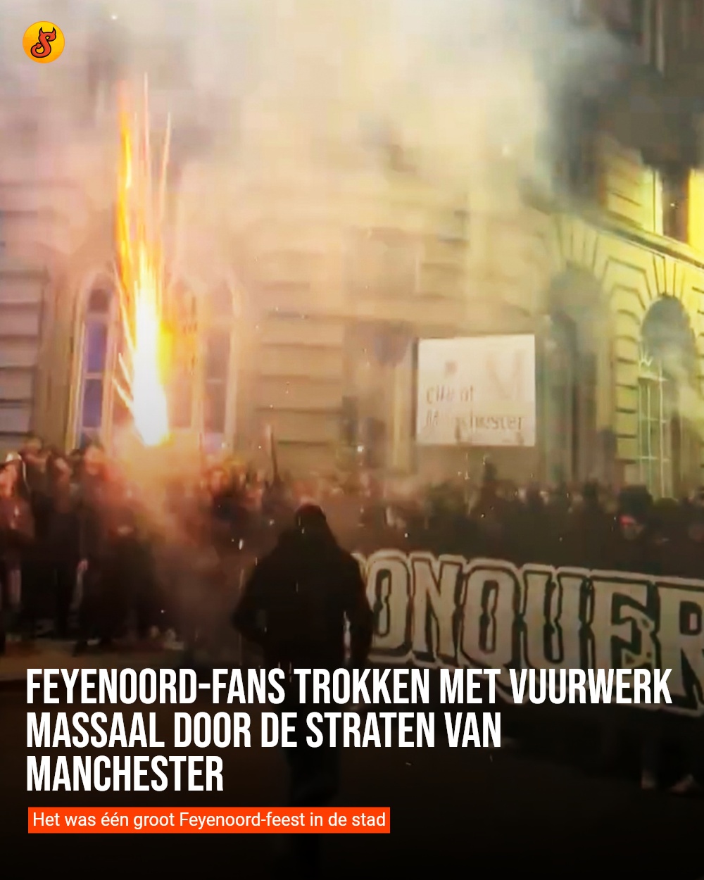 Feyenoord-fans trokken met vuurwerk massaal door de straten van Manchester