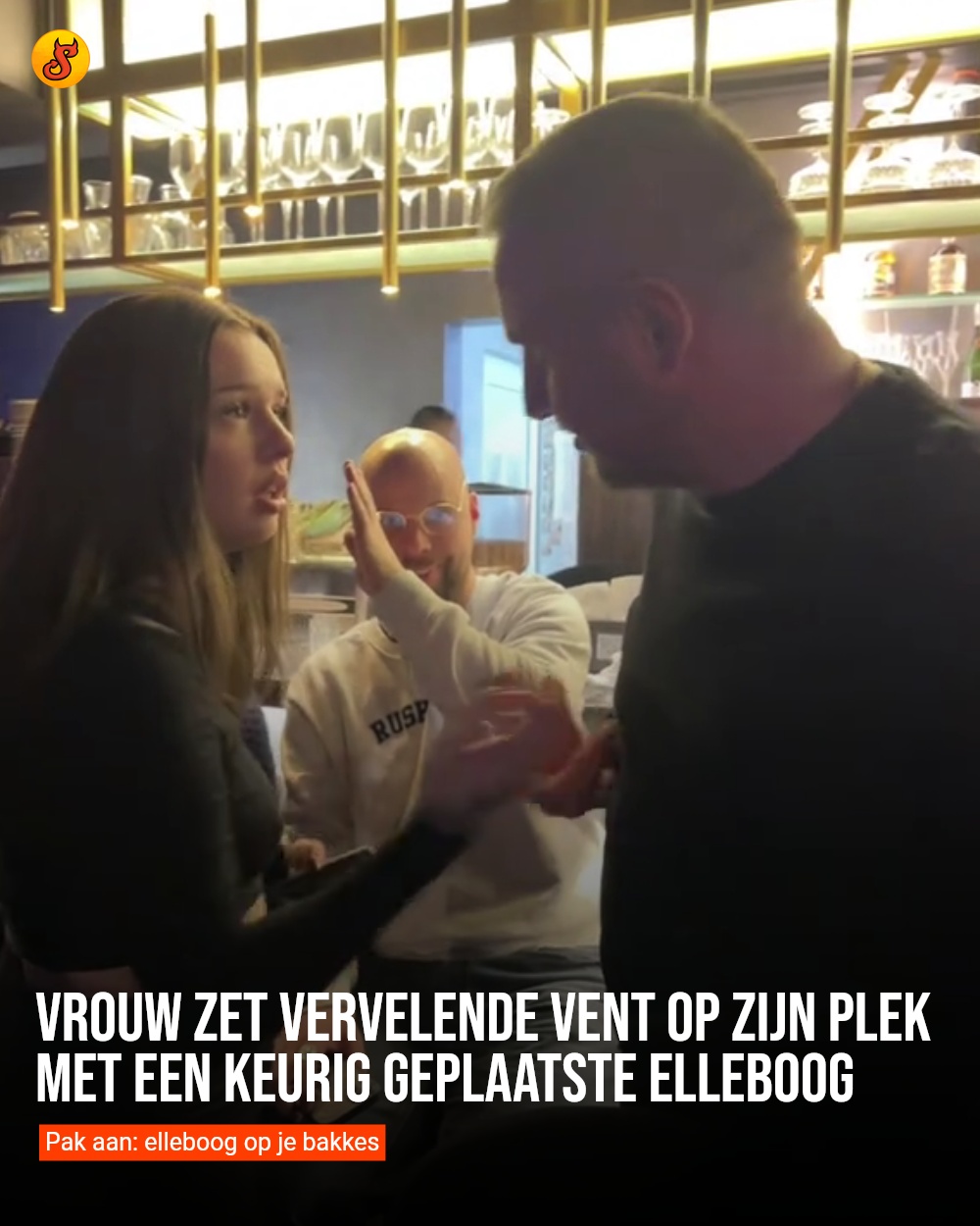 Vrouw zet vervelende vent op zijn plek met een keurig geplaatste elleboog