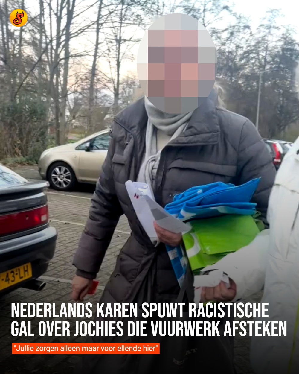 Nederlands Karen spuwt racistische gal over jochies die vuurwerk afsteken