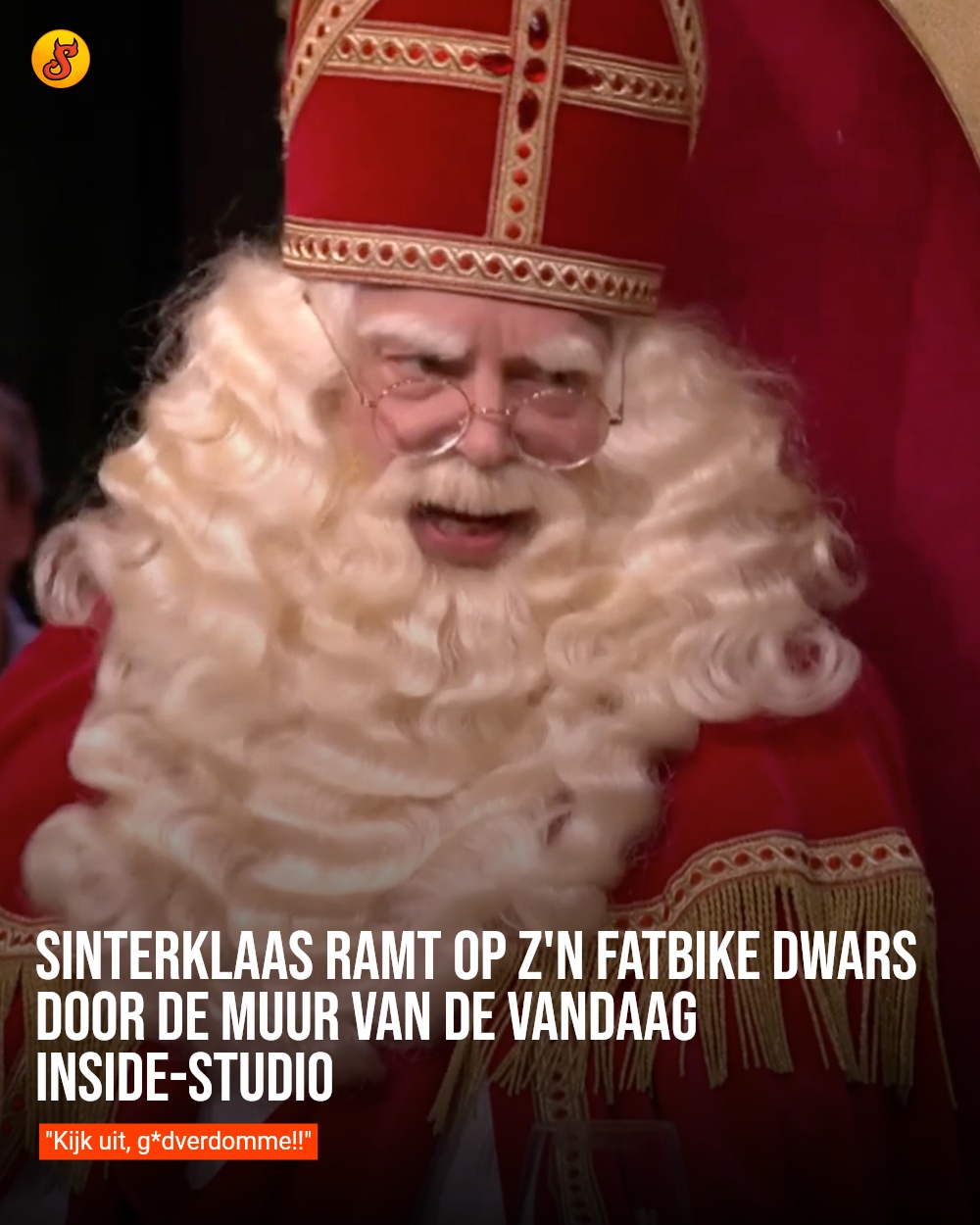 Sinterklaas ramt op z'n fatbike dwars door de muur van de Vandaag Inside-studio