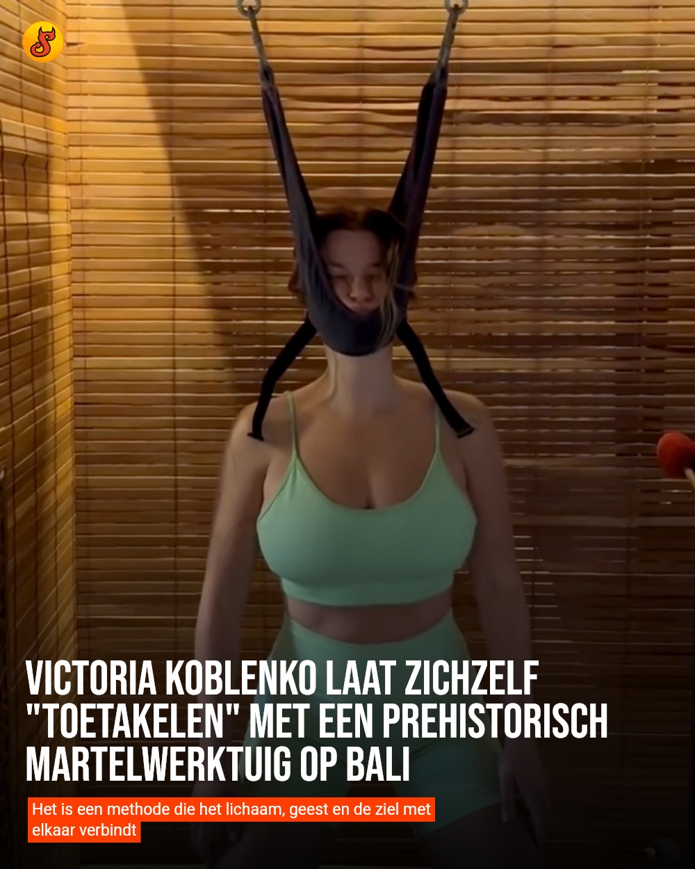 Victoria Koblenko laat zichzelf "toetakelen" met een prehistorisch martelwerktuig op Bali