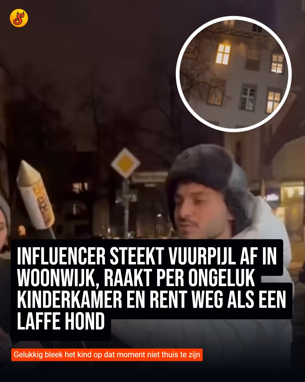 Influencer steekt vuurpijl af in woonwijk, raakt per ongeluk kinderkamer en rent weg als een laffe hond