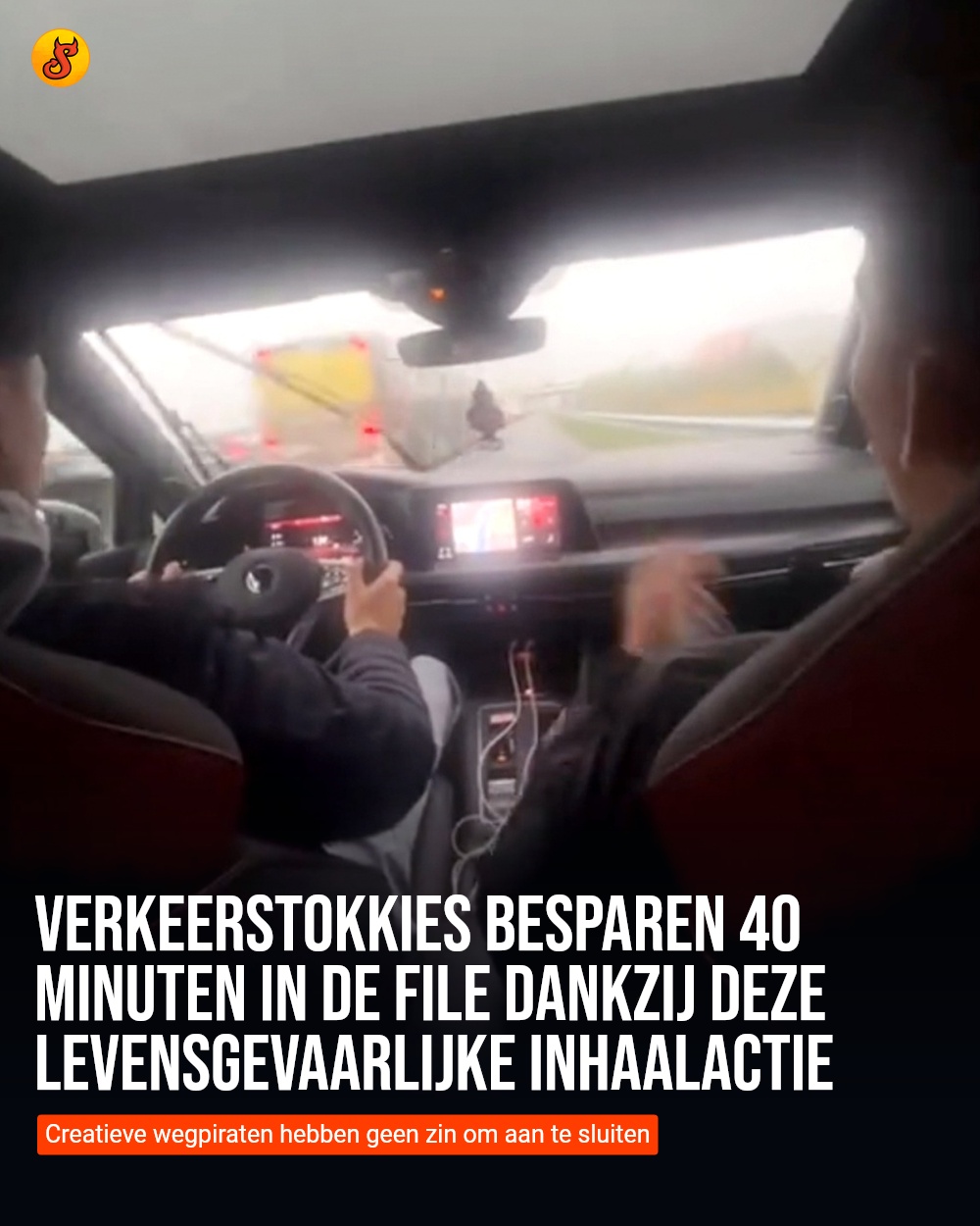 Verkeerstokkies besparen 40 minuten in de file dankzij deze levensgevaarlijke inhaalactie