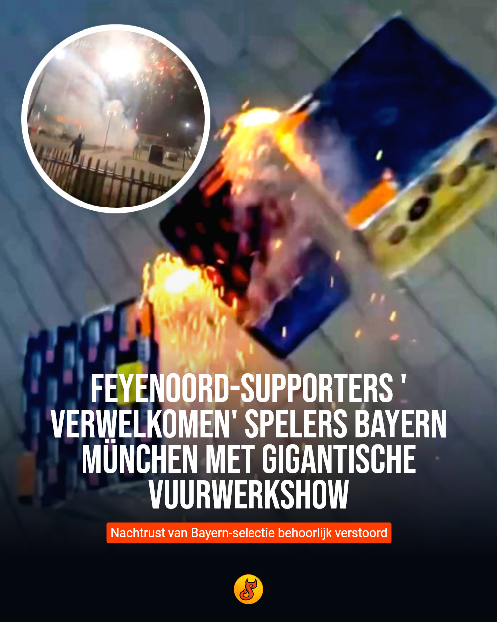 Feyenoord-supporters 'verwelkomen' spelers Bayern München met gigantische vuurwerkshow