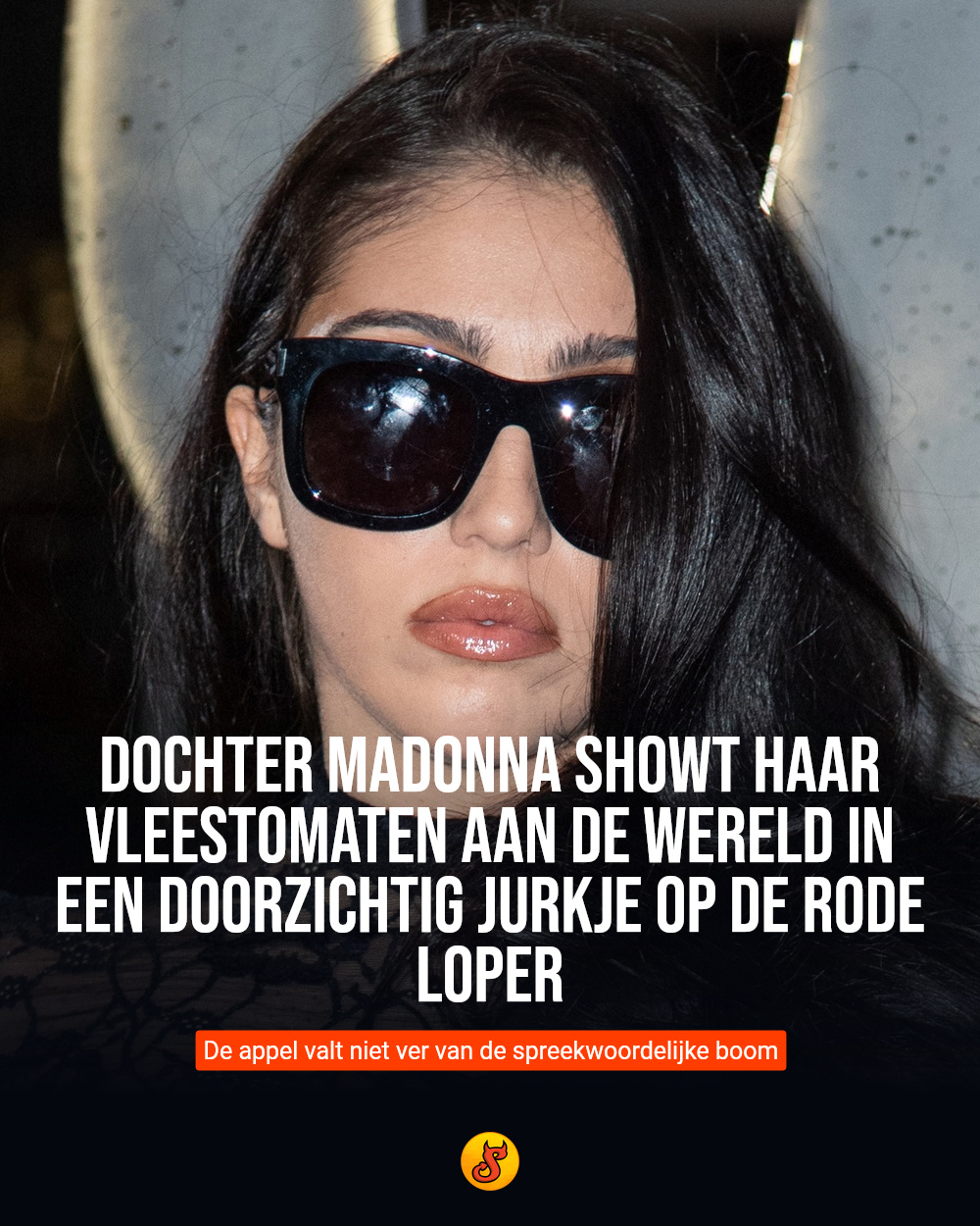Dochter Madonna showt haar vleestomaten aan de wereld in een doorzichtig jurkje op de rode loper