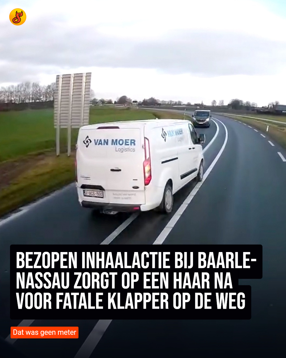 Bezopen inhaalactie bij Baarle-Nassau zorgt op een haar na voor fatale klapper op de weg