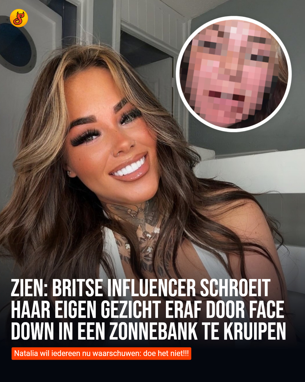 ZIEN: Britse influencer schroeit haar eigen gezicht eraf door face down in een zonnebank te kruipen