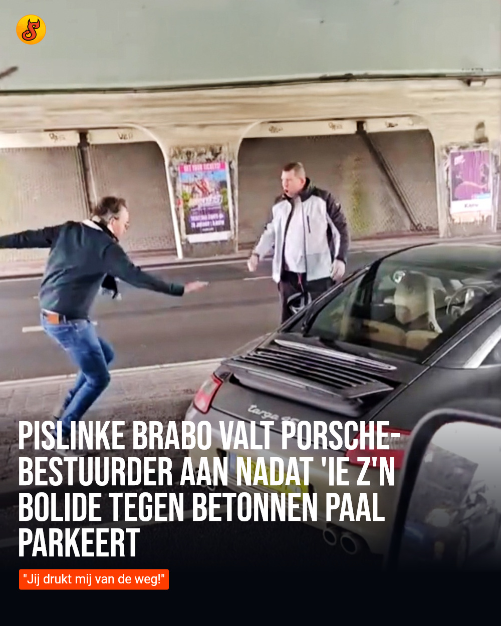 Pislinke Brabo valt Porsche-bestuurder aan nadat 'ie z'n bolide tegen betonnen paal parkeert