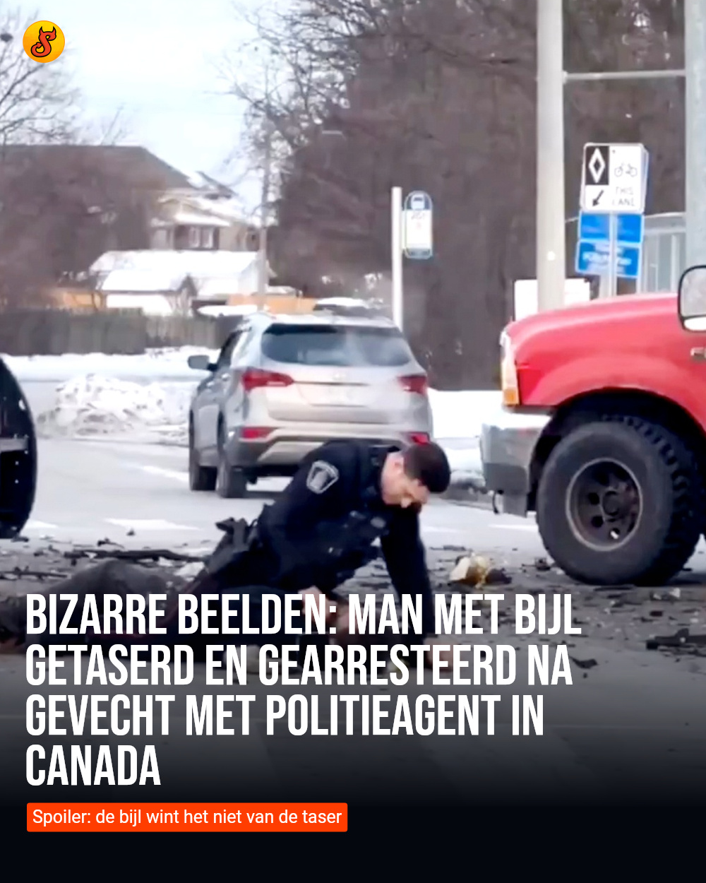 Bizarre beelden: Man met bijl getaserd en gearresteerd na gevecht met politieagent in Canada