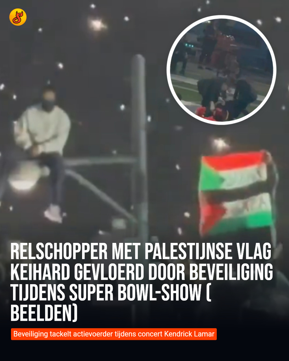 Relschopper met Palestijnse vlag keihard gevloerd door beveiliging tijdens Super Bowl-show (BEELDEN)