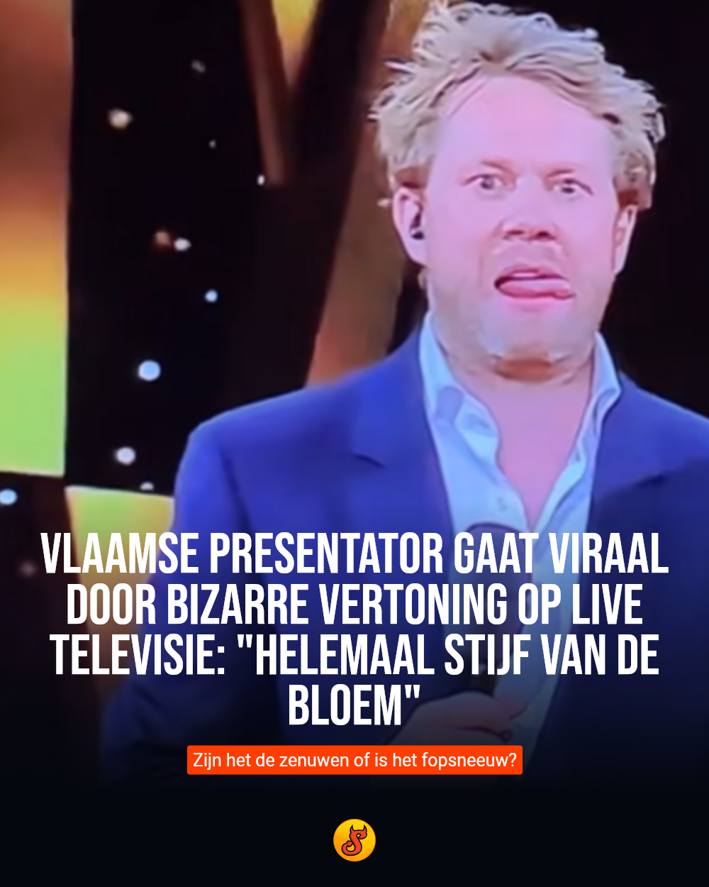 Vlaamse presentator gaat viraal door bizarre vertoning op live televisie: "Helemaal stijf van de bloem"