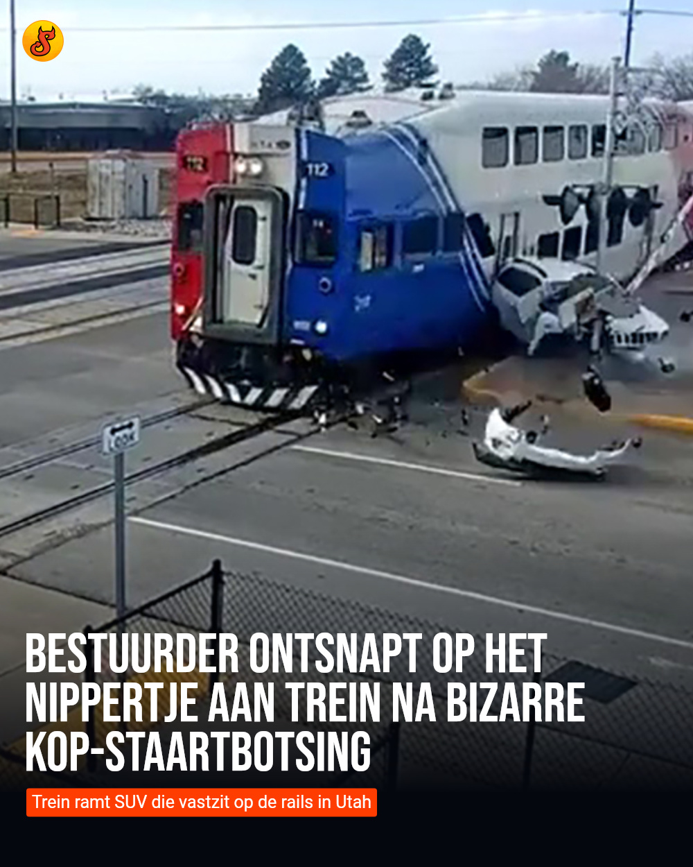 Bestuurder ontsnapt op het nippertje aan trein na bizarre kop-staartbotsing