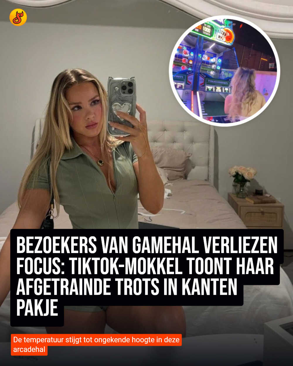 Bezoekers van gamehal verliezen focus: TikTok-mokkel toont haar afgetrainde trots in kanten pakje