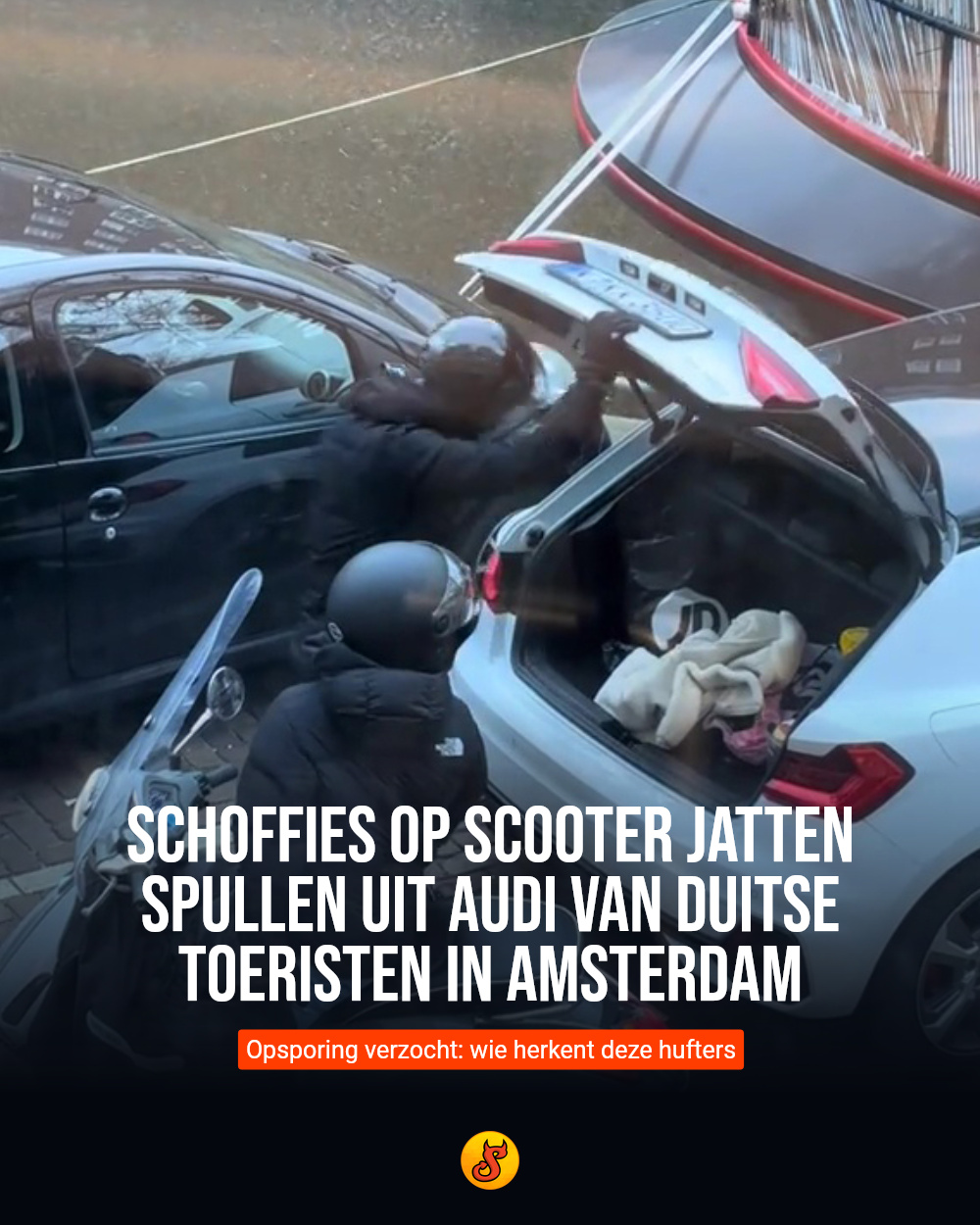 Schoffies op scooter jatten spullen uit Audi van Duitse toeristen in Amsterdam