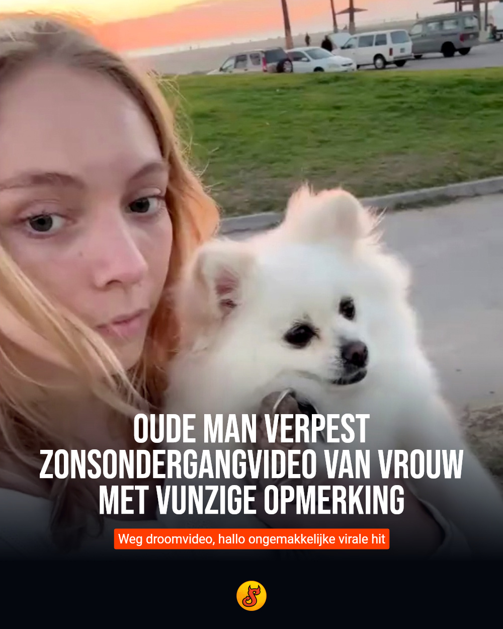 Oude man verpest zonsondergangvideo van vrouw met vunzige opmerking