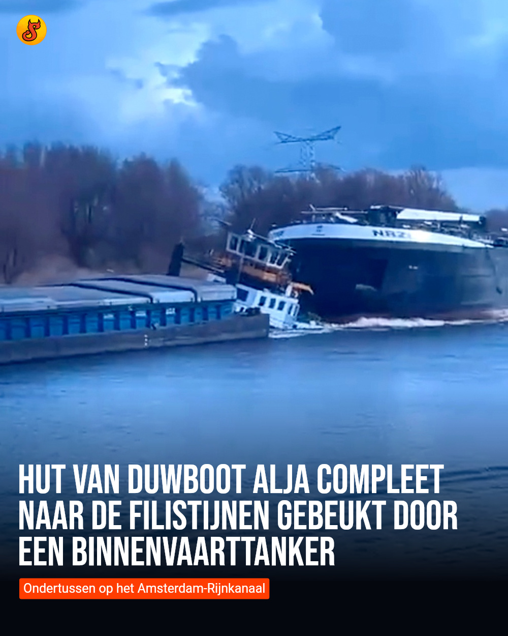 Hut van duwboot Alja compleet naar de filistijnen gebeukt door een binnenvaarttanker