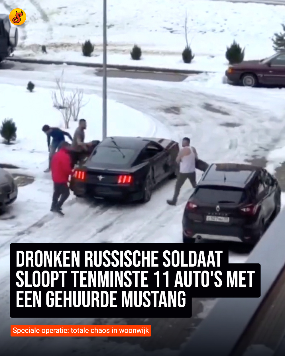 Dronken Russische soldaat sloopt tenminste 11 auto's met een gehuurde Mustang