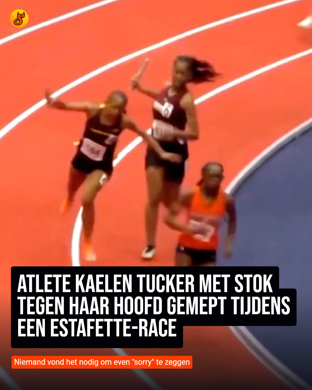 Atlete Kaelen Tucker met stok tegen haar hoofd gemept tijdens een estafette-race