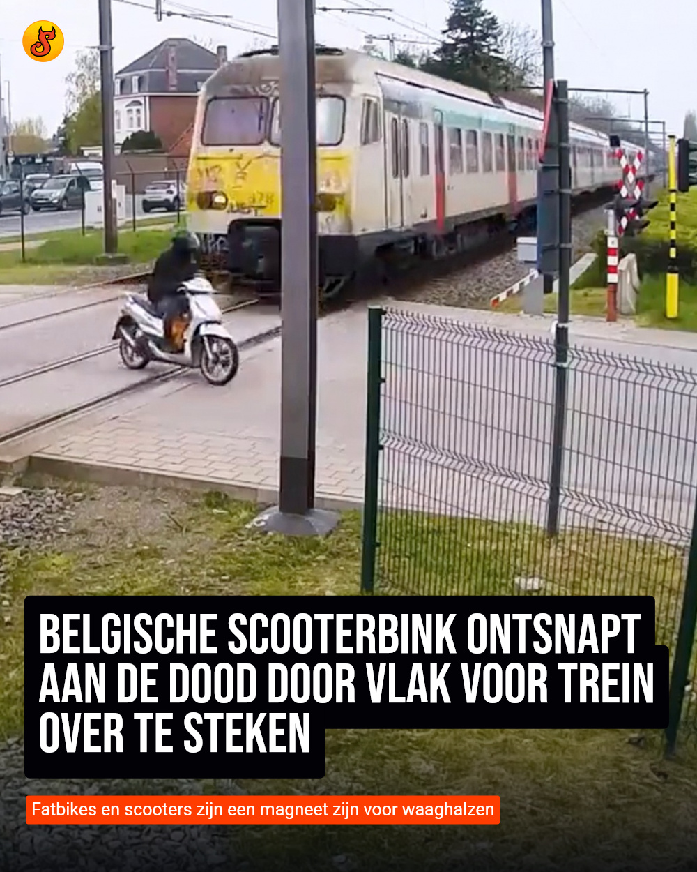 Belgische scooterbink ontsnapt aan de dood door vlak voor trein over te steken