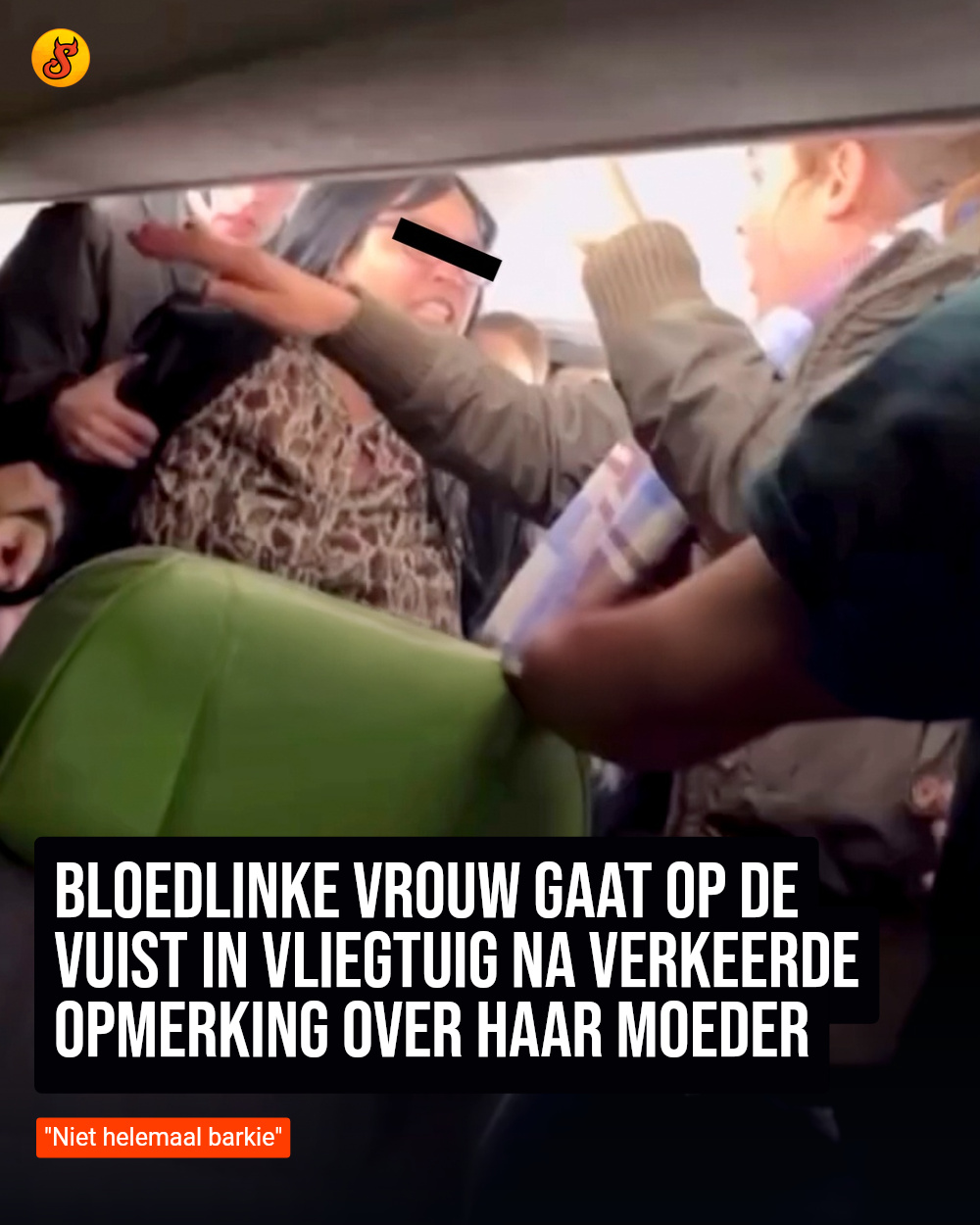 Bloedlinke vrouw gaat op de vuist in vliegtuig na verkeerde opmerking over haar moeder