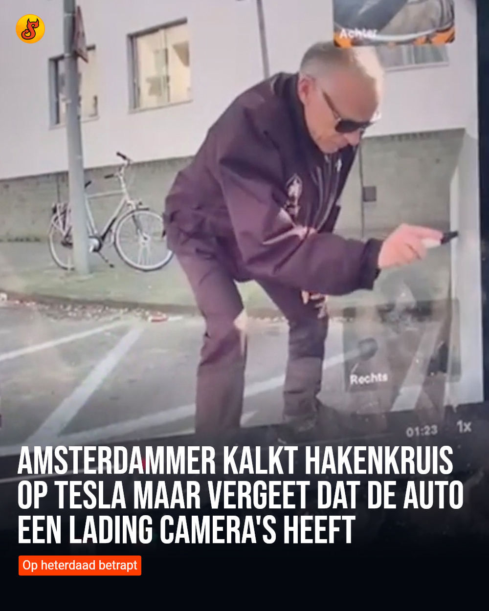Amsterdammer kalkt hakenkruis op Tesla maar vergeet dat de auto een lading camera's heeft
