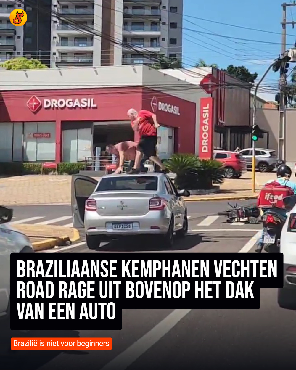 Braziliaanse kemphanen vechten road rage uit bovenop het dak van een auto