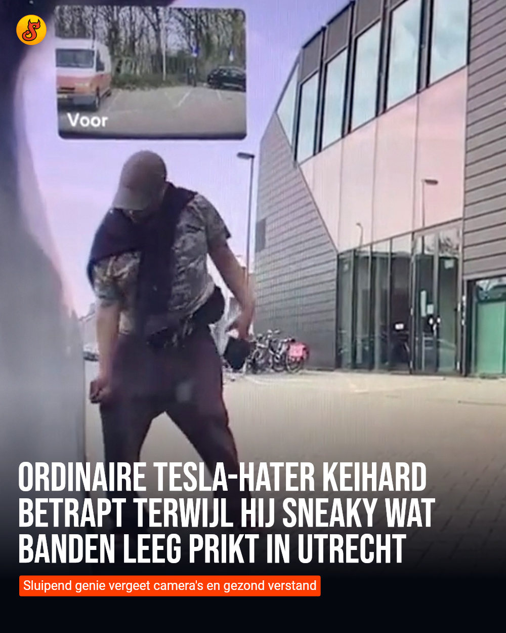 Ordinaire Tesla-hater keihard betrapt terwijl hij sneaky wat banden leeg prikt in Utrecht