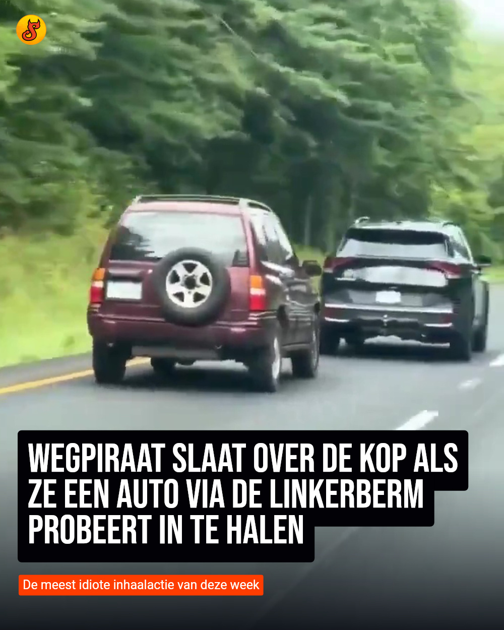 Wegpiraat slaat over de kop als ze een auto via de linkerberm probeert in te halen