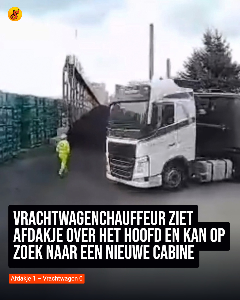 Vrachtwagenchauffeur ziet afdakje over het hoofd en kan op zoek naar een nieuwe cabine