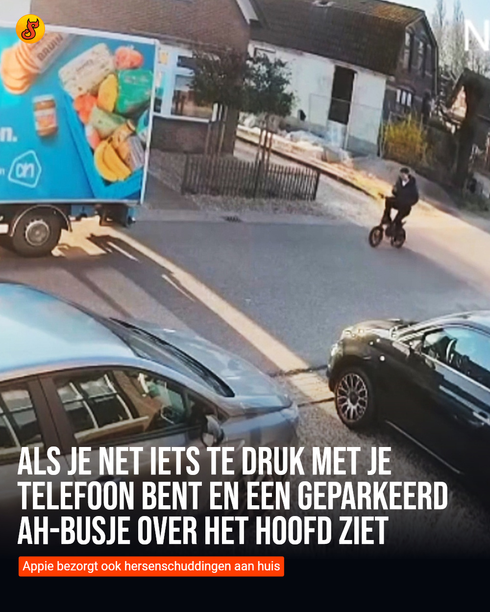 Als je net iets te druk met je telefoon bent en een geparkeerd AH-busje over het hoofd ziet