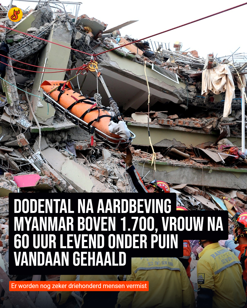 Dodental na aardbeving Myanmar boven 1.700, vrouw na 60 uur levend onder puin vandaan gehaald